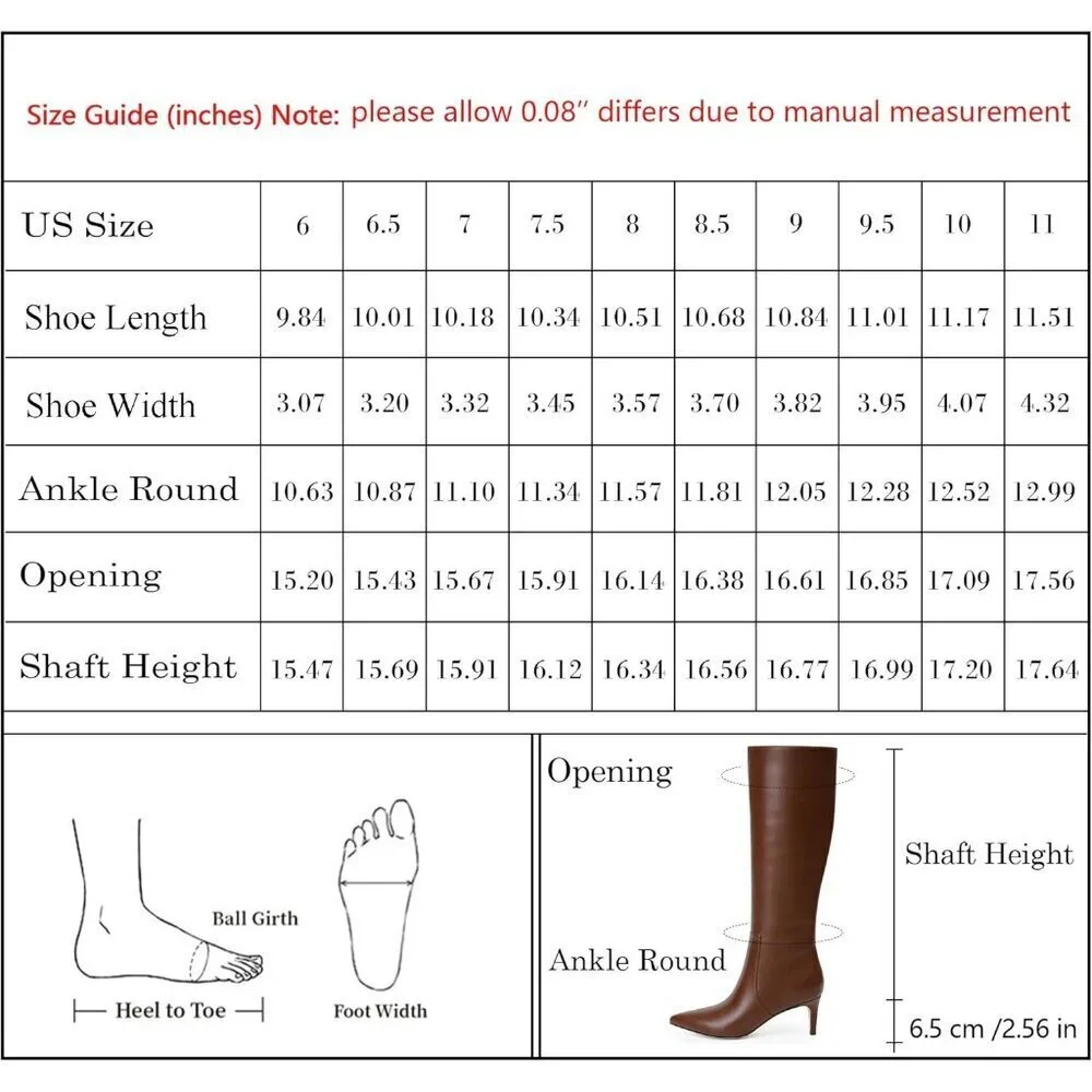 Women's Brown Tall Boots Pointed Toe Kitten Heel Side Zipper Knee High Boots